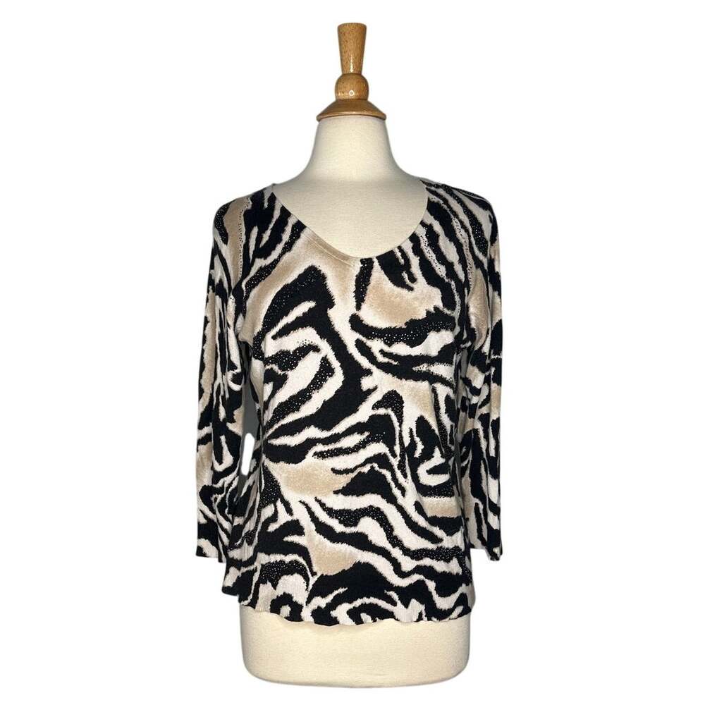 Chicos Cheetah Print Bedazzled Lightweight Sweater Neutral Bold Animal Print P23